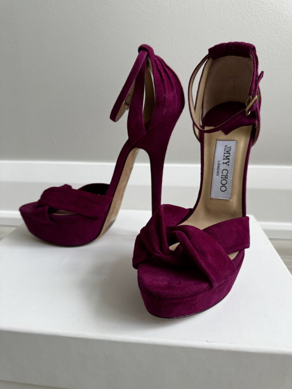 NEW Jimmy Choo Greta 150 Fuchsia Suede Ankle Strap Platform Sandals 38